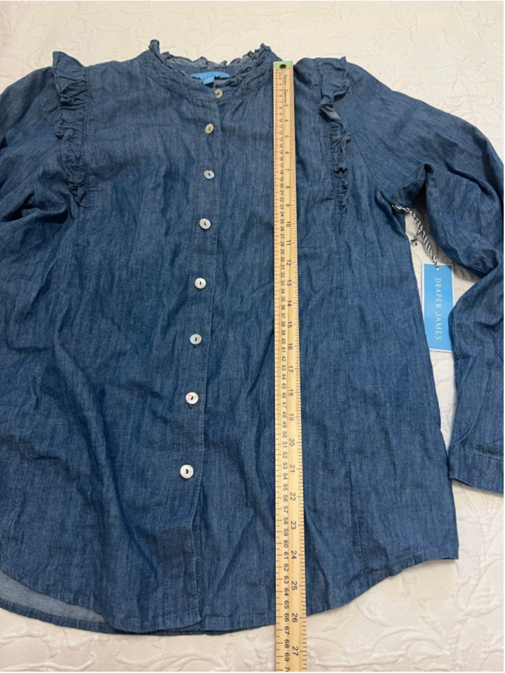 Women's NWT Draper James Chambray Button Down Shirt with Ruffle Detail Medium - Picture 8 of 9